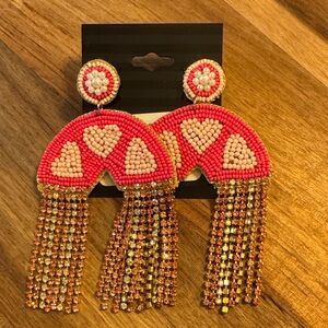 Vibrant Pink and Gold Heart Beaded Earrings
